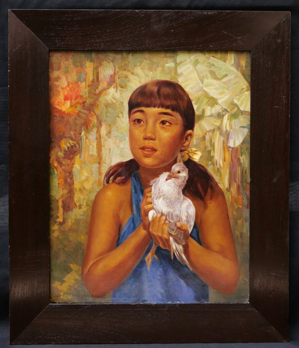 Ralph Burke TYREE, Guam girl in the jungle, holding a bird