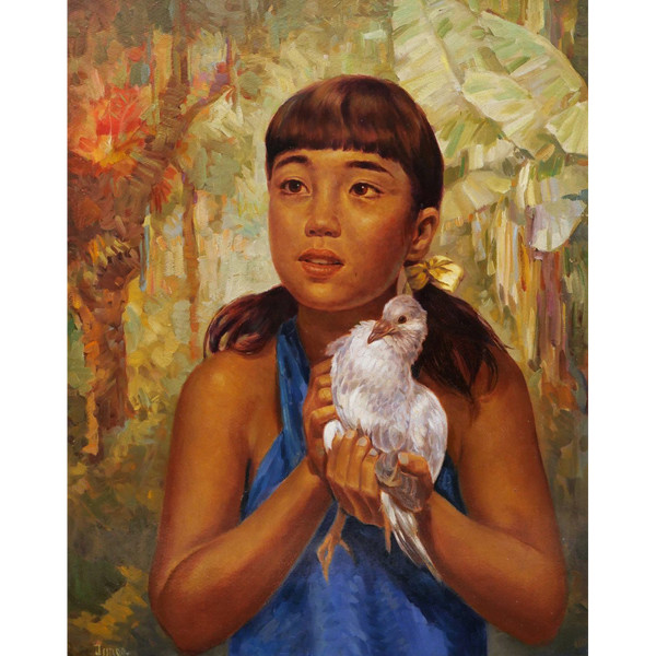 Ralph Burke TYREE, Guam girl in the jungle, holding a bird