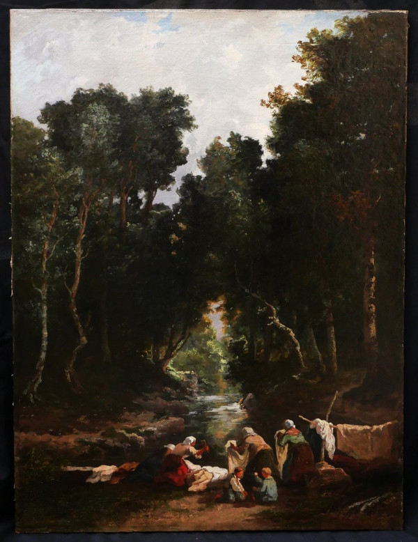 Louis BOULANGÉ, Paysage aux lavandières en forêt de Fontainebleau (large format)