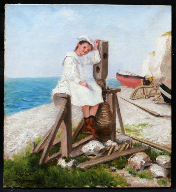 C. HENRIOL, Ragazza su un argano a Étretat