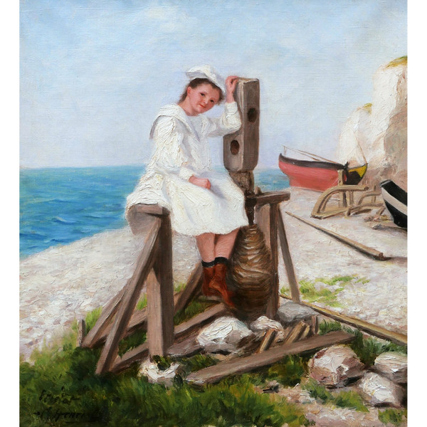 C. HENRIOL, Ragazza su un argano a Étretat