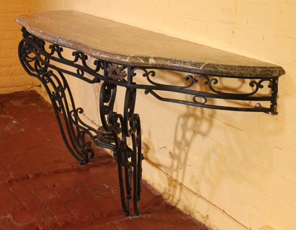 Large Console In Wrought Iron And Marble - 19th Century