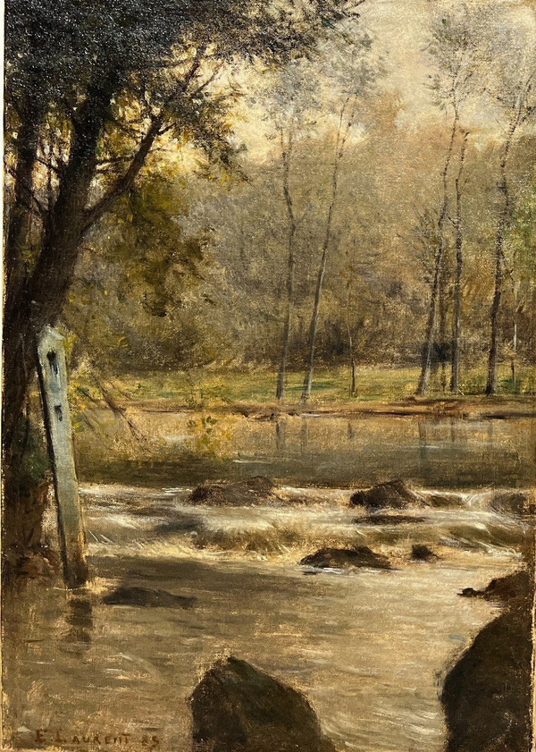 Ernest Joseph Laurent (1859-1929) - Paysage Impressionniste à La Rivière Et Au Poteau, 1885