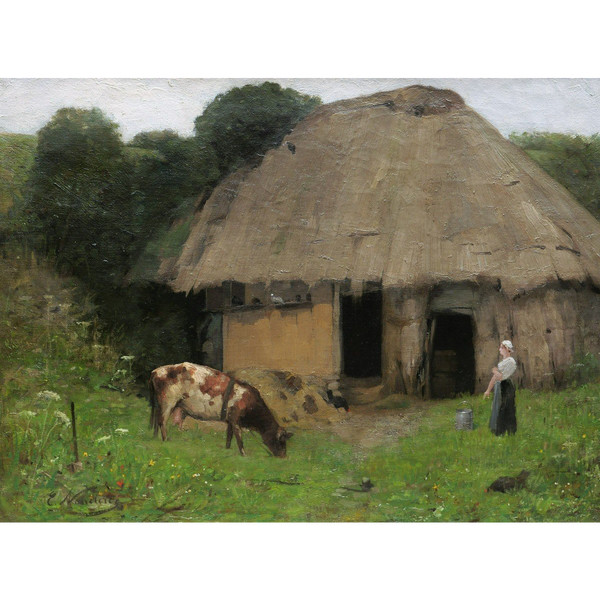 Élie NONCLERCQ, Milkmaid and cow in front of a cottage