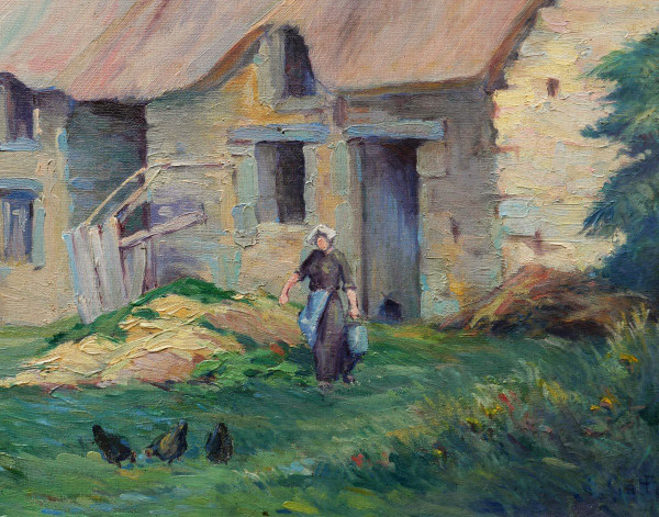 Laurent GALLIO, Farm, farmer's wife and hens, painting