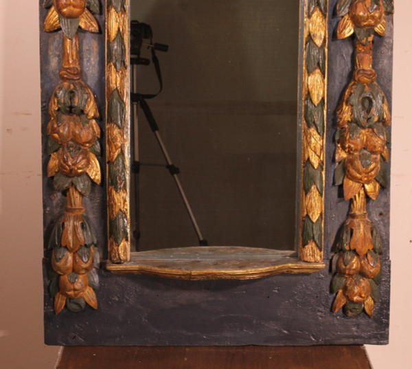 Large 17th Century Spanish Mirror In Polychrome Wood