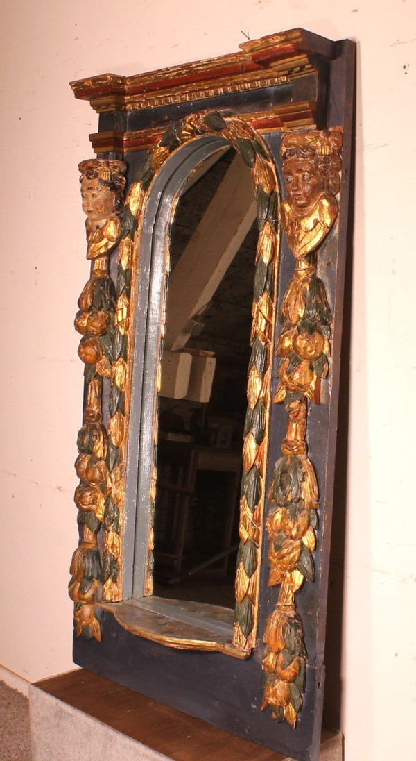 Large 17th Century Spanish Mirror In Polychrome Wood