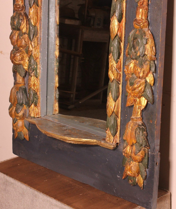 Large 17th Century Spanish Mirror In Polychrome Wood