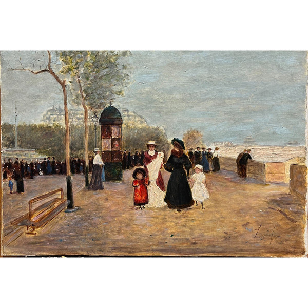 Louis Jouve (1829-1903) - Paris, Place Du Chatelet Et Quais De Seine - Elégantes Et Enfants