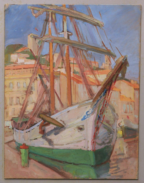 FRANZÖSISCHE SCHULE aus der ersten Hälfte des 20. Jahrhunderts, Schiff vor Anker im Hafen von Cannes