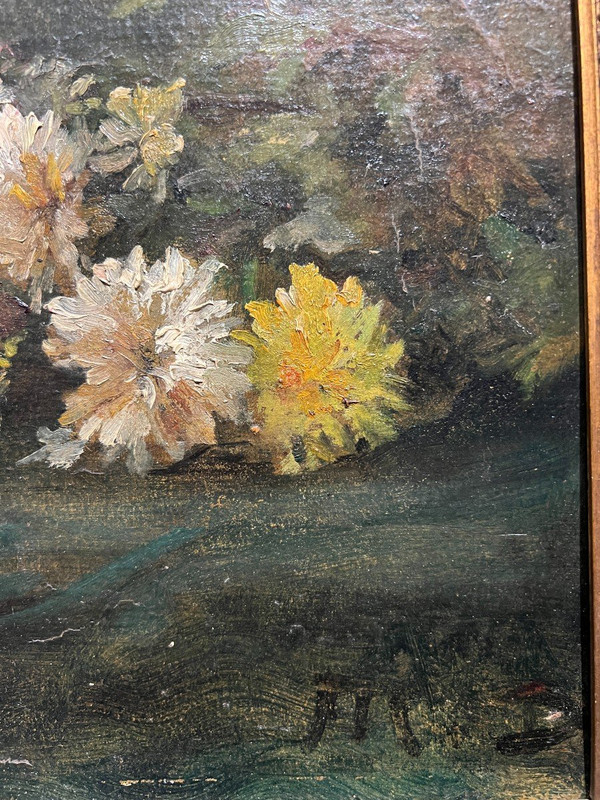 Ecole Française Vers 1880 - Jetée De Dahlias - Huile Sur Papier Monogrammé Md ?