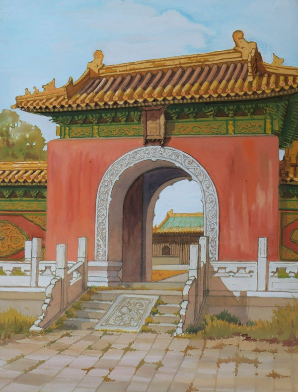 École FRANÇAISEE ou CHINOISE circa 1930-1940, Neun Ansichten eines Tempels oder eines Palastes in China