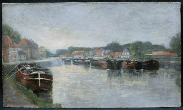 FRENCH School circa 1890, Barges moored on the Seine