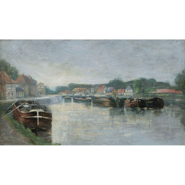 FRENCH School circa 1890, Barges moored on the Seine