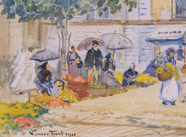 Pierre Léonce FURT, Scène de marché en Bretagne, aquarelle