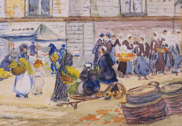 Pierre Léonce FURT, Scène de marché en Bretagne, aquarelle