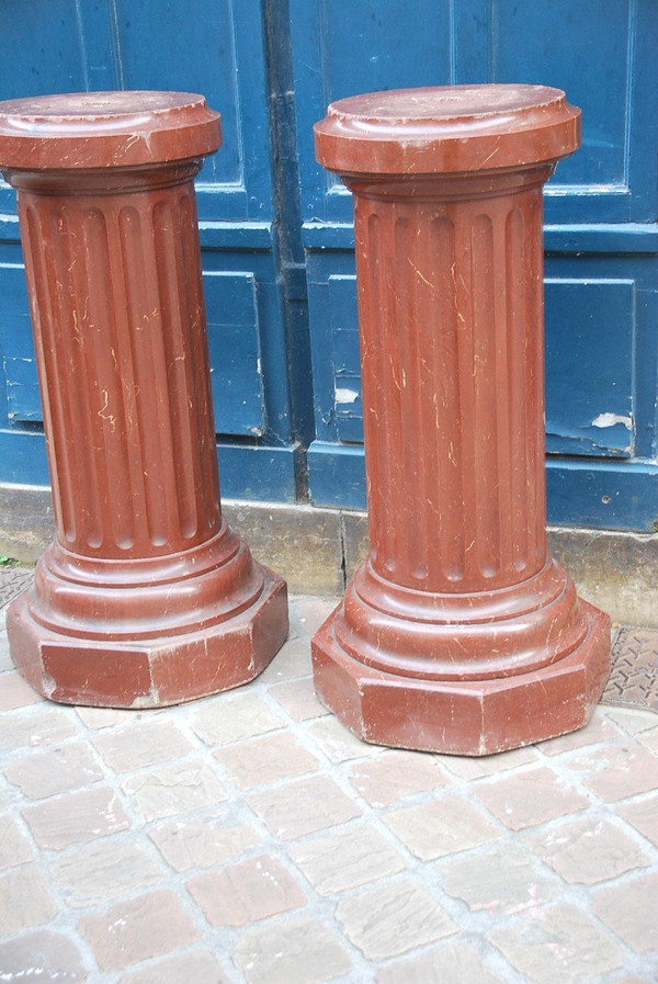 Pair Of Fluted Columns Royal Red Marble 19th Century