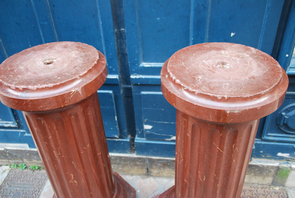 Pair Of Fluted Columns Royal Red Marble 19th Century