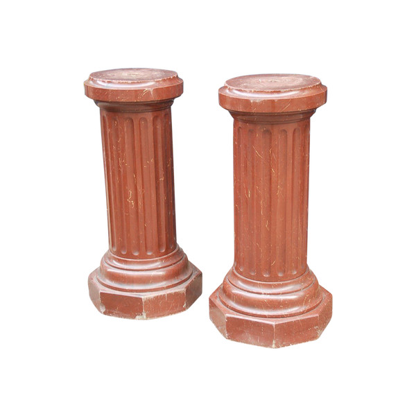 Pair Of Fluted Columns Royal Red Marble 19th Century