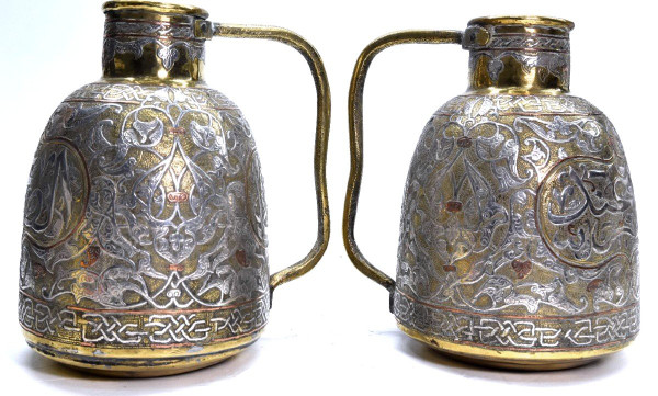 Pair Of Jugs In Copper And Silver Dinanderie Oriental Work, 1880/1900