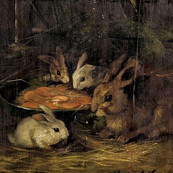 Oil On Canvas With Small Rabbits, XIXth Century By Brunel De Neuville