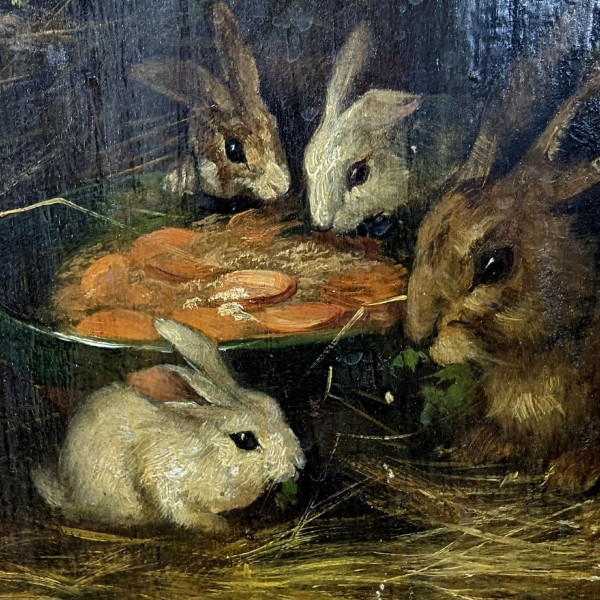 Oil On Canvas With Small Rabbits, XIXth Century By Brunel De Neuville