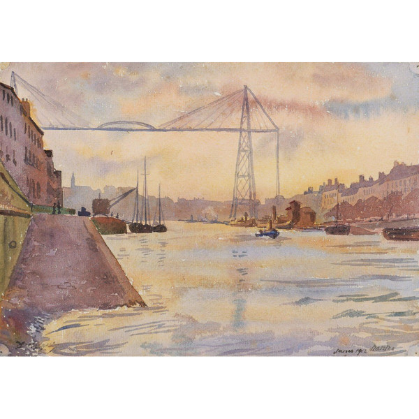 André Alfred DEBERGUE, View of the Port of Nantes with the Transporter Bridge