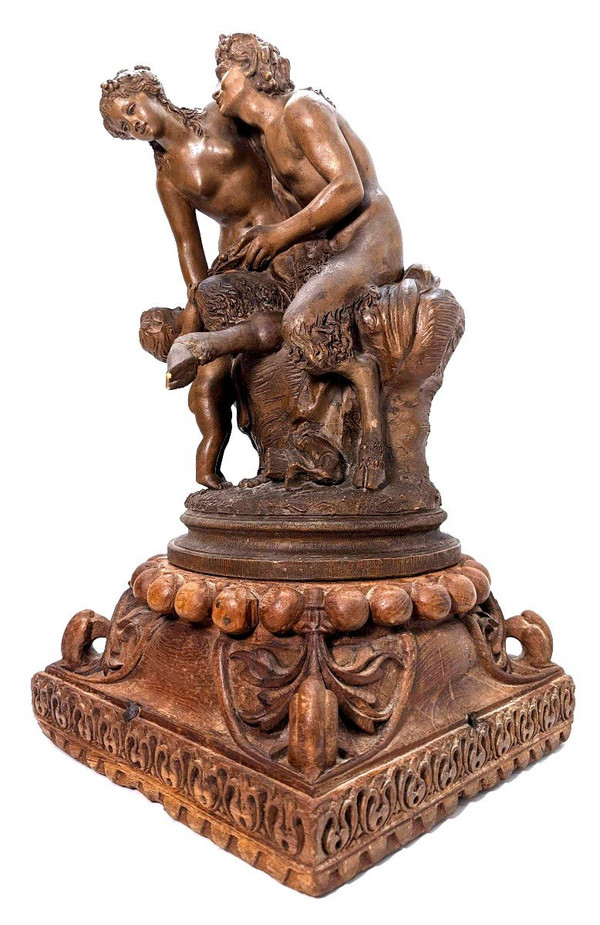 "Terracotta Group Of Clodion The Young Girl And The Faun, On Carved Wooden Base