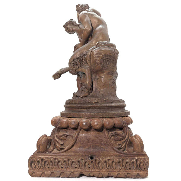 "Terracotta Group Of Clodion The Young Girl And The Faun, On Carved Wooden Base