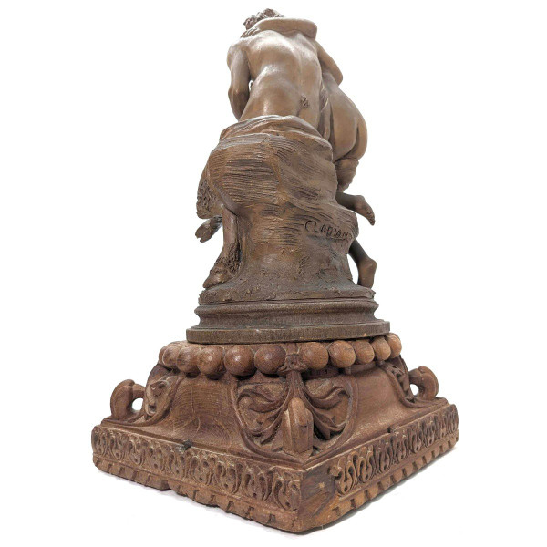 "Terracotta Group Of Clodion The Young Girl And The Faun, On Carved Wooden Base