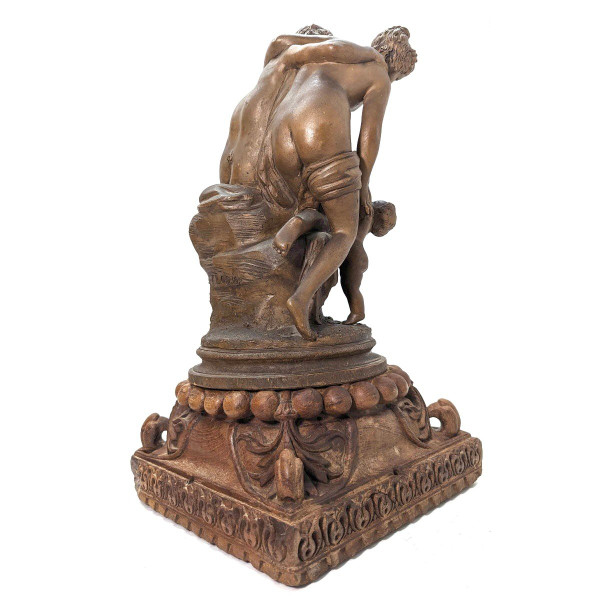 "Terracotta Group Of Clodion The Young Girl And The Faun, On Carved Wooden Base