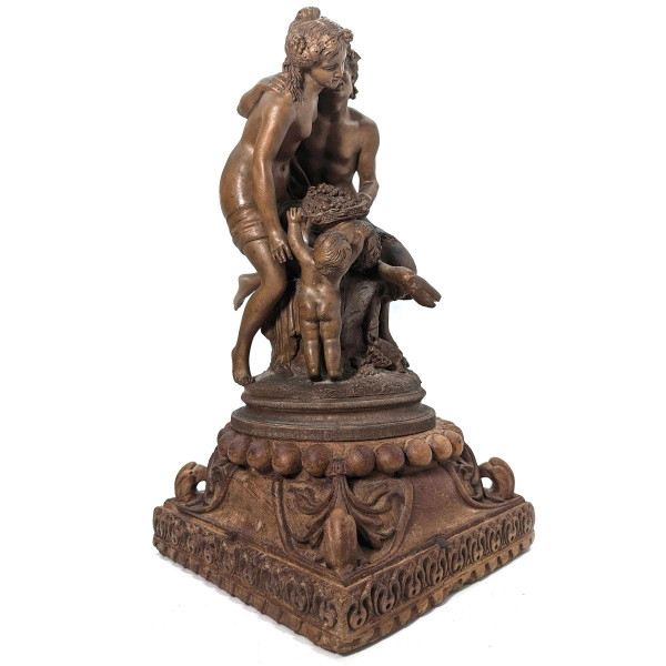 "Terracotta Group Of Clodion The Young Girl And The Faun, On Carved Wooden Base