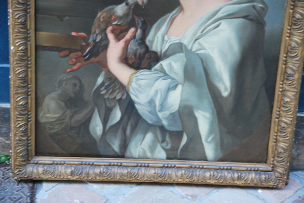 Jeune Femme Aux Tourterelles, Toile XVIIIe Suiveur De Lagrenée