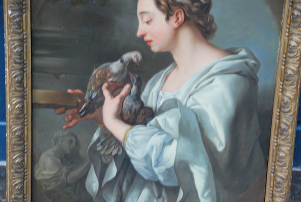 Jeune Femme Aux Tourterelles, Toile XVIIIe Suiveur De Lagrenée