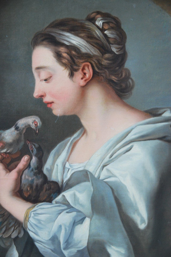 Jeune Femme Aux Tourterelles, Toile XVIIIe Suiveur De Lagrenée