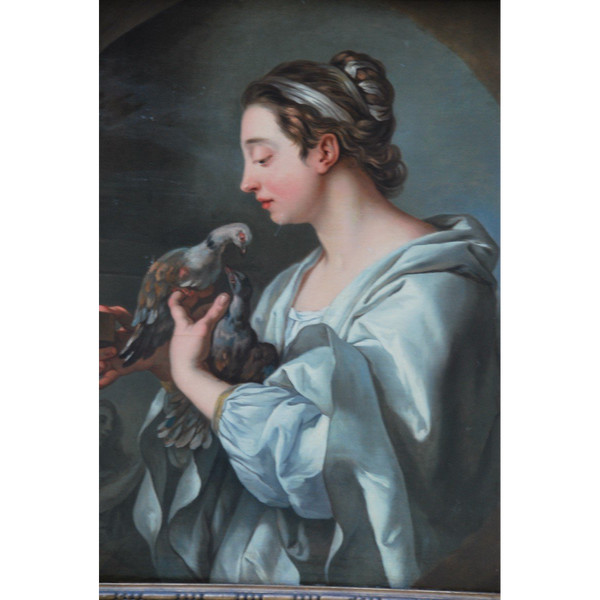 Jeune Femme Aux Tourterelles, Toile XVIIIe Suiveur De Lagrenée