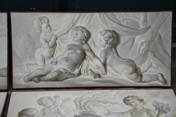 Suite De 4 Toiles Peintes Putti Attribuables à Piat Joseph Sauvage  Fin XVIIIe siècle