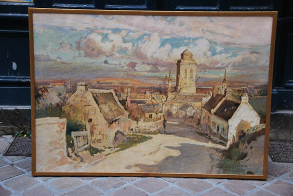 Locronan, Brittany, Large Oil On Canvas Signed De Villon