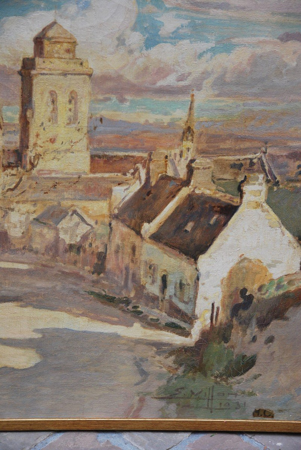 Locronan, Brittany, Large Oil On Canvas Signed De Villon