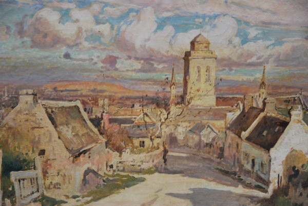 Locronan, Brittany, Large Oil On Canvas Signed De Villon