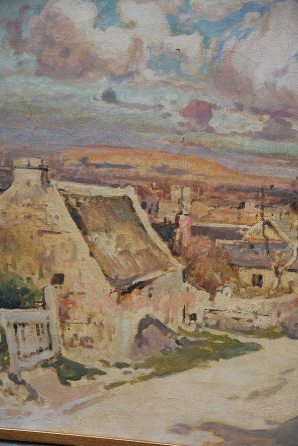 Locronan, Brittany, Large Oil On Canvas Signed De Villon