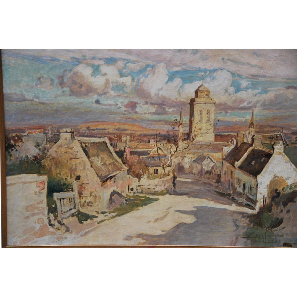 Locronan, Brittany, Large Oil On Canvas Signed De Villon