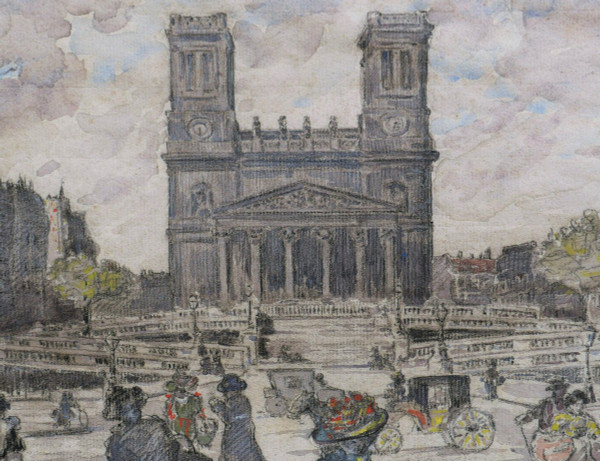 Gustave FRANTZEN, Belebte Szene in der Rue la Fayette mit der Kirche Saint-Vincent-de-Paul