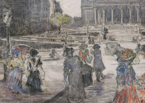 Gustave FRANTZEN, Belebte Szene in der Rue la Fayette mit der Kirche Saint-Vincent-de-Paul