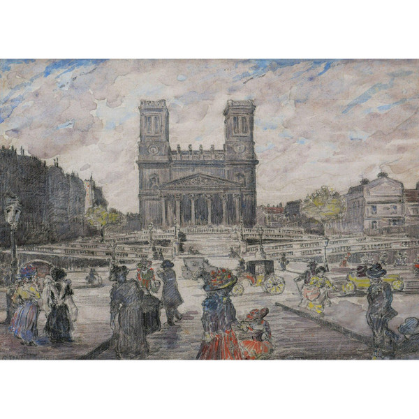 Gustave FRANTZEN, Belebte Szene in der Rue la Fayette mit der Kirche Saint-Vincent-de-Paul