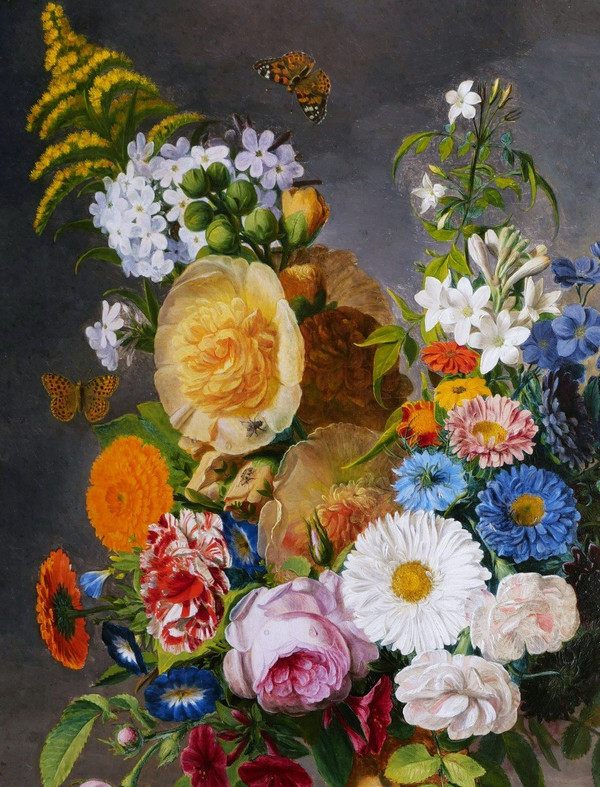 FRANZÖSISCHE SCHULE um 1840, Stillleben in einer Vase mit Blumen, Früchten und Insekten (großes Format)