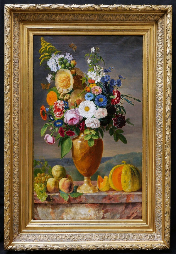 FRANZÖSISCHE SCHULE um 1840, Stillleben in einer Vase mit Blumen, Früchten und Insekten (großes Format)