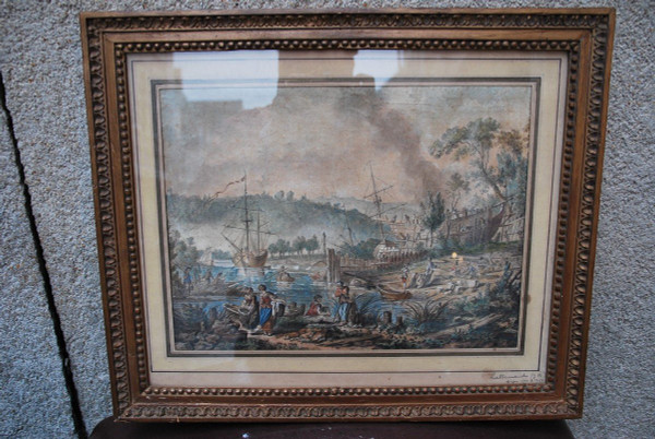 Jean Baptiste Lallemand, Watercolor Port Scene 18th Century School