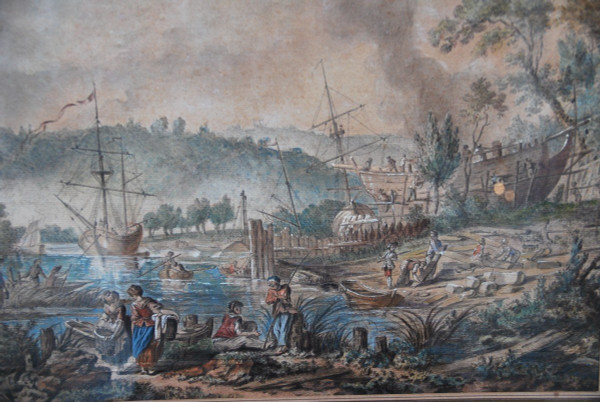 Jean Baptiste Lallemand, Watercolor Port Scene 18th Century School