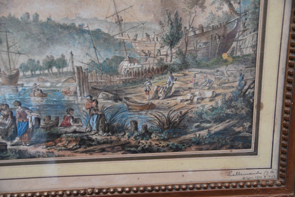 Jean Baptiste Lallemand, Watercolor Port Scene 18th Century School